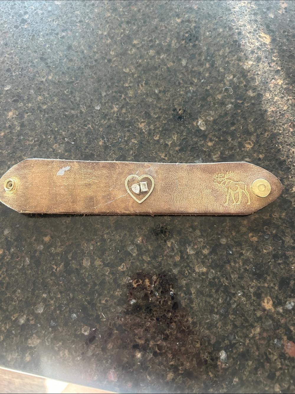Leather Snap Cuff Bracelet with Heart Accent - Brown